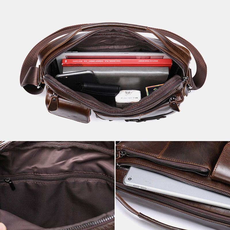 Hommes Huile Cire Cuir Grande Capacité Étanche Sac De Messager Porte-documents Multi-poches En Cuir De Vachette Sacs À Bandoulière Sac À Bandoulière