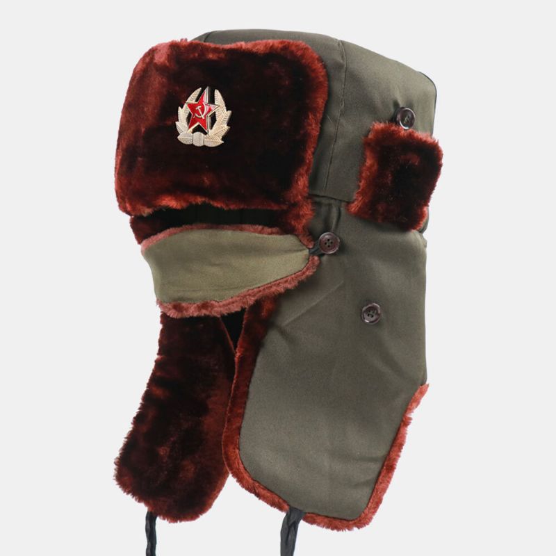 Hommes Insigne Soviétique Épaissir Plus Velours Trappeur Chapeau Hiver Cyclisme Chaud Oreille Protection Coupe-vent Russe Chapeau Ushanka Chapeau