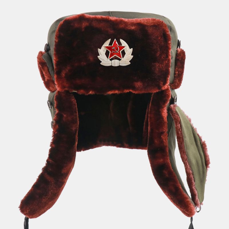 Hommes Insigne Soviétique Épaissir Plus Velours Trappeur Chapeau Hiver Cyclisme Chaud Oreille Protection Coupe-vent Russe Chapeau Ushanka Chapeau