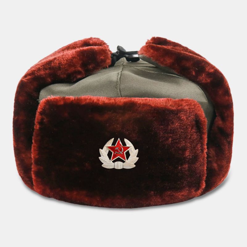 Hommes Insigne Soviétique Épaissir Plus Velours Trappeur Chapeau Hiver Cyclisme Chaud Oreille Protection Coupe-vent Russe Chapeau Ushanka Chapeau