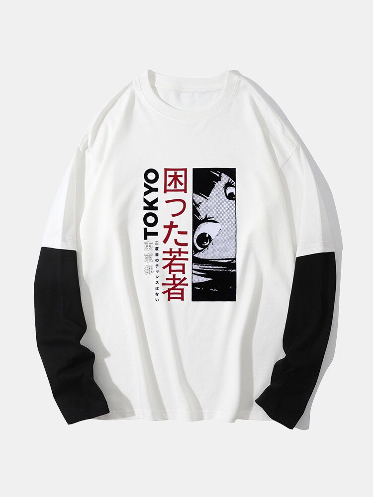 Hommes Japonais Anime Tokyo Imprimer 100% Coton 2 En 1 T-shirts À Manches Longues