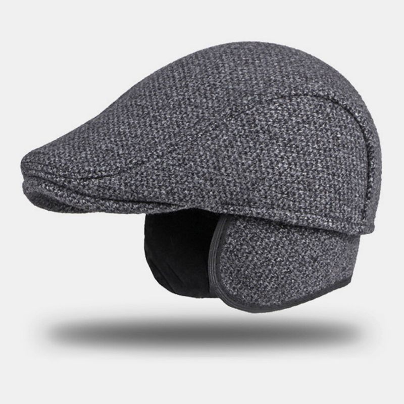 Hommes Laine Plus Velours Chaud Béret Casquette Hiver Protection Des Oreilles Épaissir Bord Britannique Avant Chapeau Gavroche Chapeau