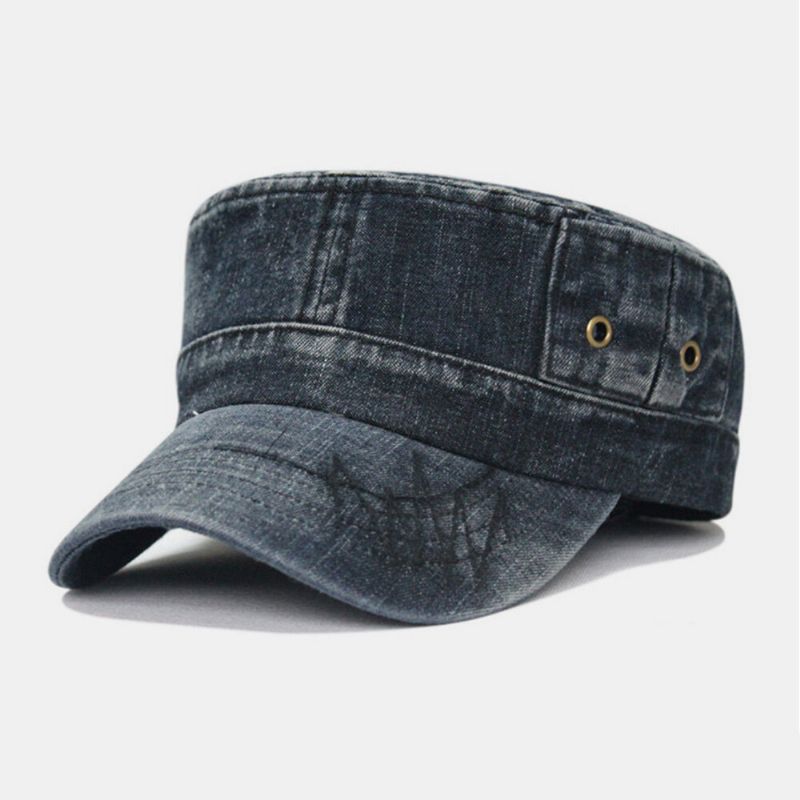 Hommes Lavé Denim Cravate Teinture Fil À Broder Motif Chapeau Plat Sport De Plein Air Réglable Casquette À Visière Armée Chapeau