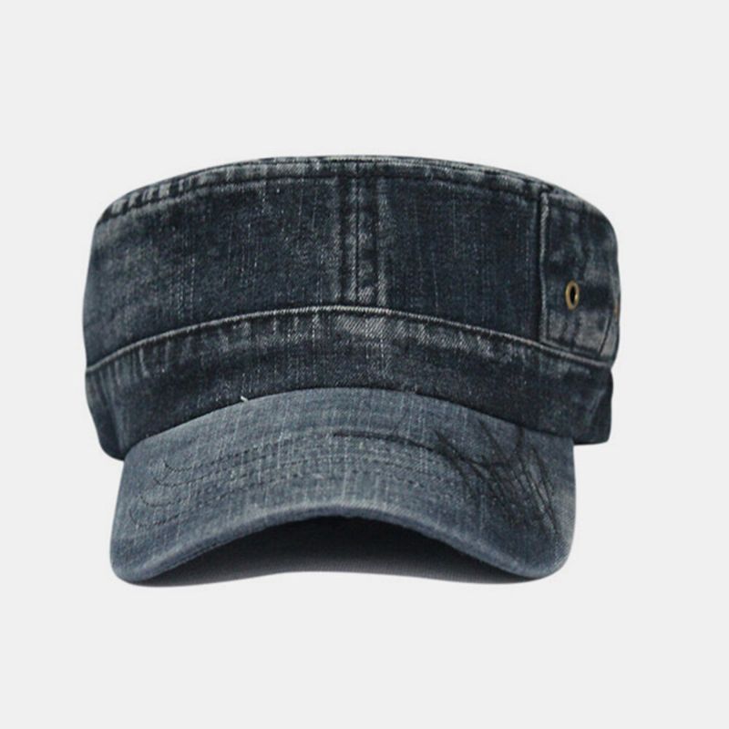 Hommes Lavé Denim Cravate Teinture Fil À Broder Motif Chapeau Plat Sport De Plein Air Réglable Casquette À Visière Armée Chapeau