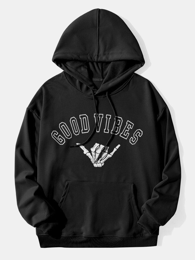 Hommes Lettre Monochrome Squelette Geste Imprimer Pull Casual Hoodies