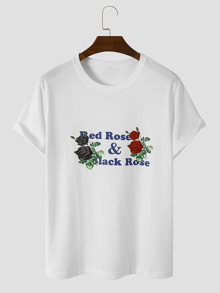 Hommes Lettre Rose Imprimé Gracieux Tous Assortis T-shirts Ras Du Cou Respectueux De La Peau