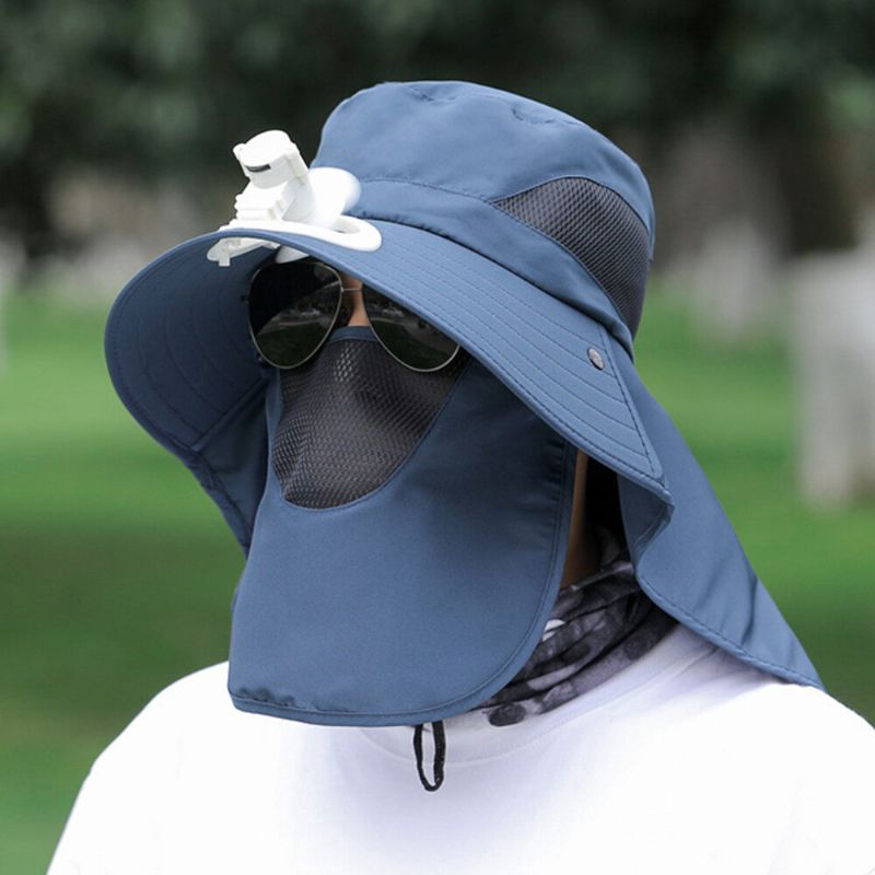 Hommes Maille Respirant Masque Rideau Longue Cape 360 Degrés Chapeau De Protection Solaire Avec Ventilateur Extérieur Décontracté Seau Chapeau