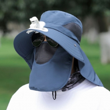 Hommes Maille Respirant Masque Rideau Longue Cape 360 Degrés Chapeau De Protection Solaire Avec Ventilateur Extérieur Décontracté Seau Chapeau