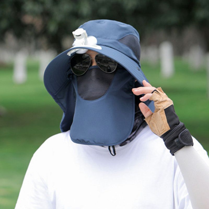 Hommes Maille Respirant Masque Rideau Longue Cape 360 Degrés Chapeau De Protection Solaire Avec Ventilateur Extérieur Décontracté Seau Chapeau