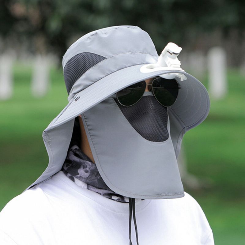 Hommes Maille Respirant Masque Rideau Longue Cape 360 Degrés Chapeau De Protection Solaire Avec Ventilateur Extérieur Décontracté Seau Chapeau