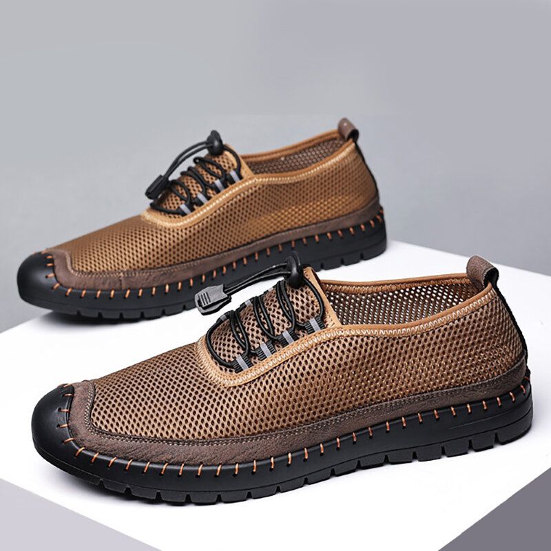 Hommes Maille Respirante Évider Couture À La Main Fond Souple Bout Fermé Chaussures Décontractées