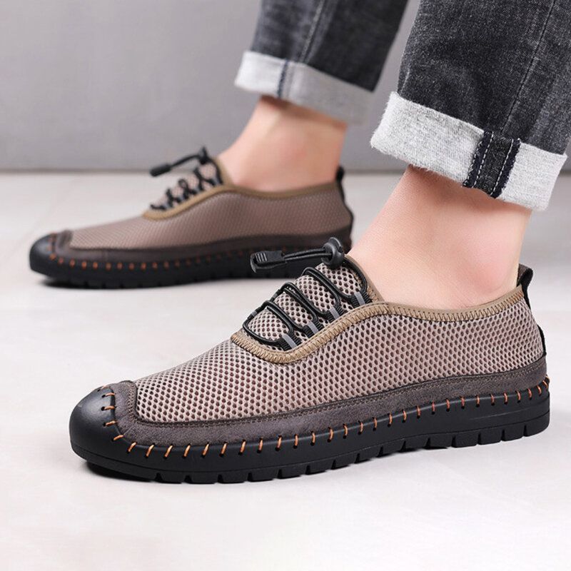 Hommes Maille Respirante Évider Couture À La Main Fond Souple Bout Fermé Chaussures Décontractées