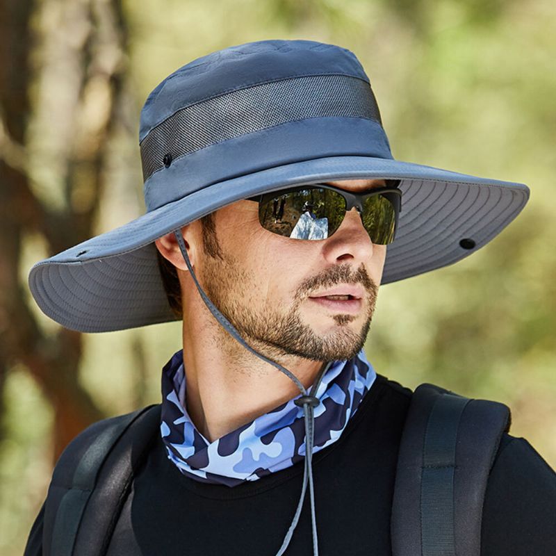 Hommes Maille Respirante Grand Bord Pêche En Plein Air Escalade Protection Uv Parasol Étanche Seau Chapeau