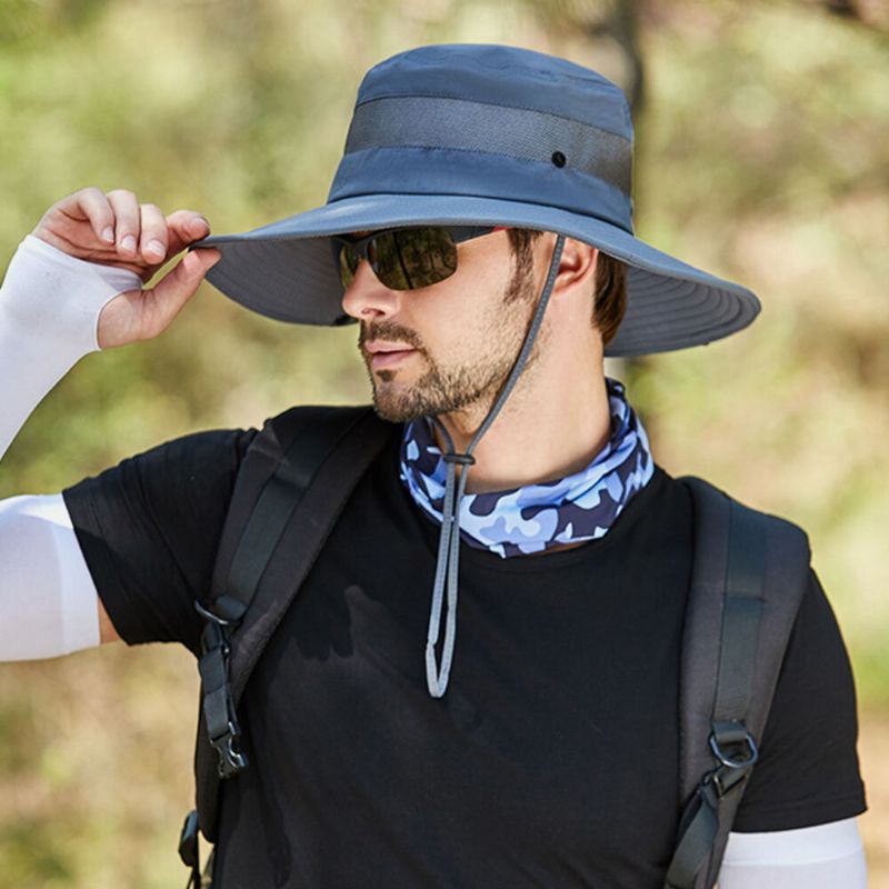 Hommes Maille Respirante Grand Bord Pêche En Plein Air Escalade Protection Uv Parasol Étanche Seau Chapeau