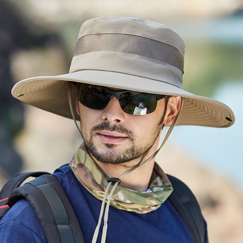 Hommes Maille Respirante Grand Bord Pêche En Plein Air Escalade Protection Uv Parasol Étanche Seau Chapeau