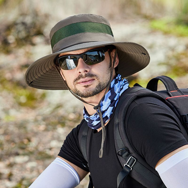 Hommes Maille Respirante Grand Bord Pêche En Plein Air Escalade Protection Uv Parasol Étanche Seau Chapeau