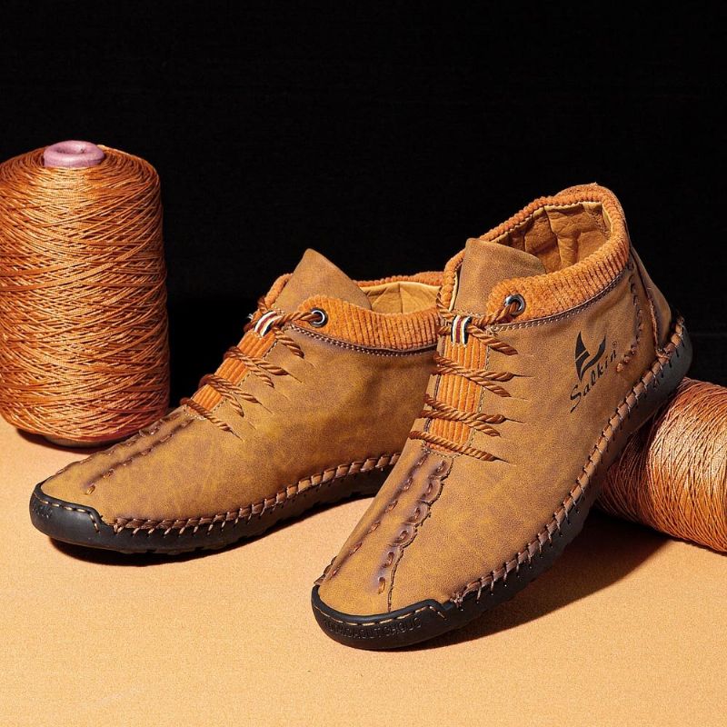 Hommes Microfibre Cuir Couture À La Main Respirant Doux Bref Épissage À Lacets Chaussures Décontractées