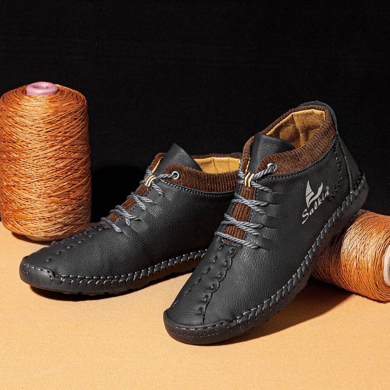 Hommes Microfibre Cuir Couture À La Main Respirant Doux Bref Épissage À Lacets Chaussures Décontractées