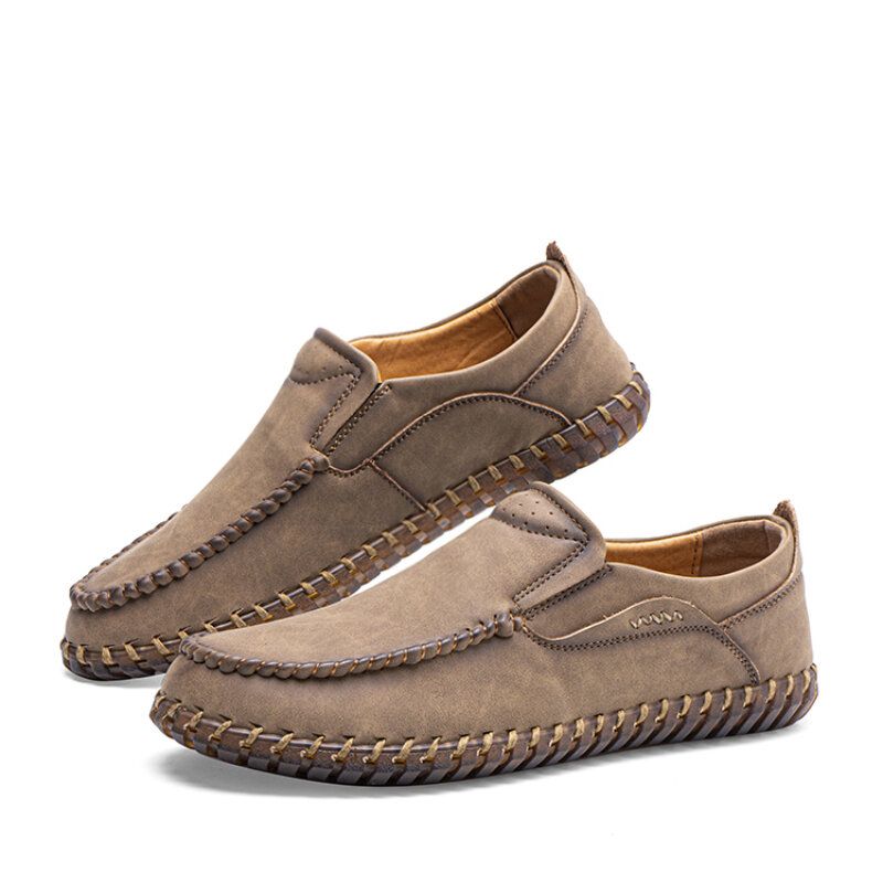 Hommes Microfibre Cuir Coutures À La Main Doux Slip On Casual Chaussures Plates Confortables