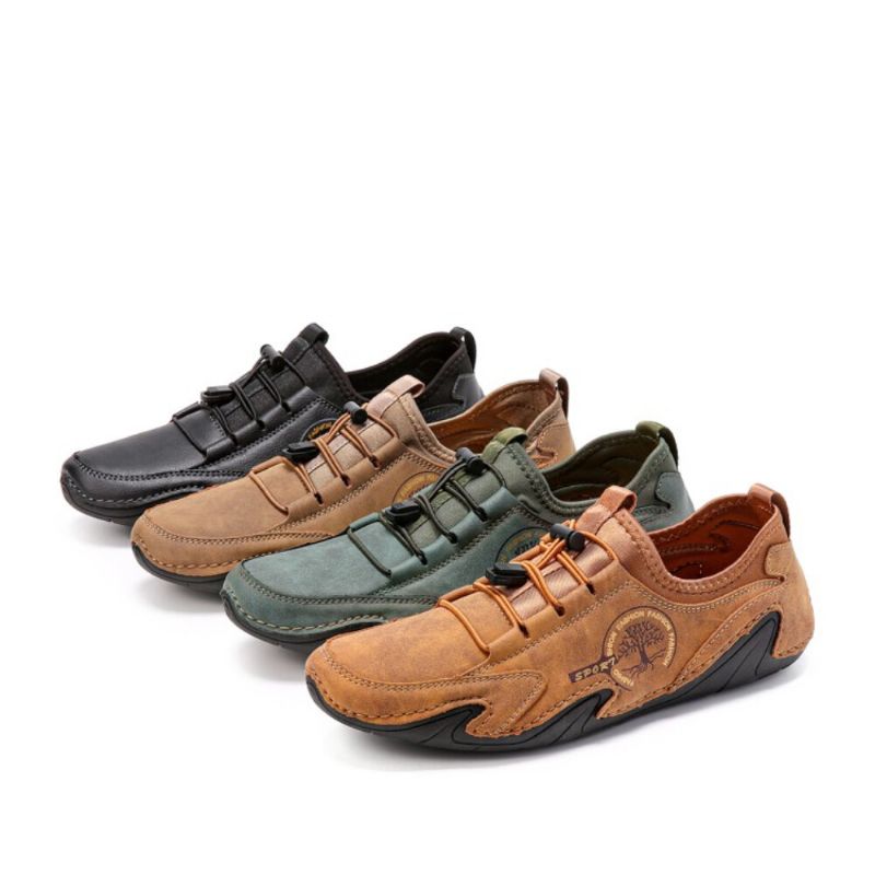 Hommes Microfibre Cuir Respirant Couture À La Main Semelle Souple Bref Lacets Élastiques Chaussures De Conduite Décontractées