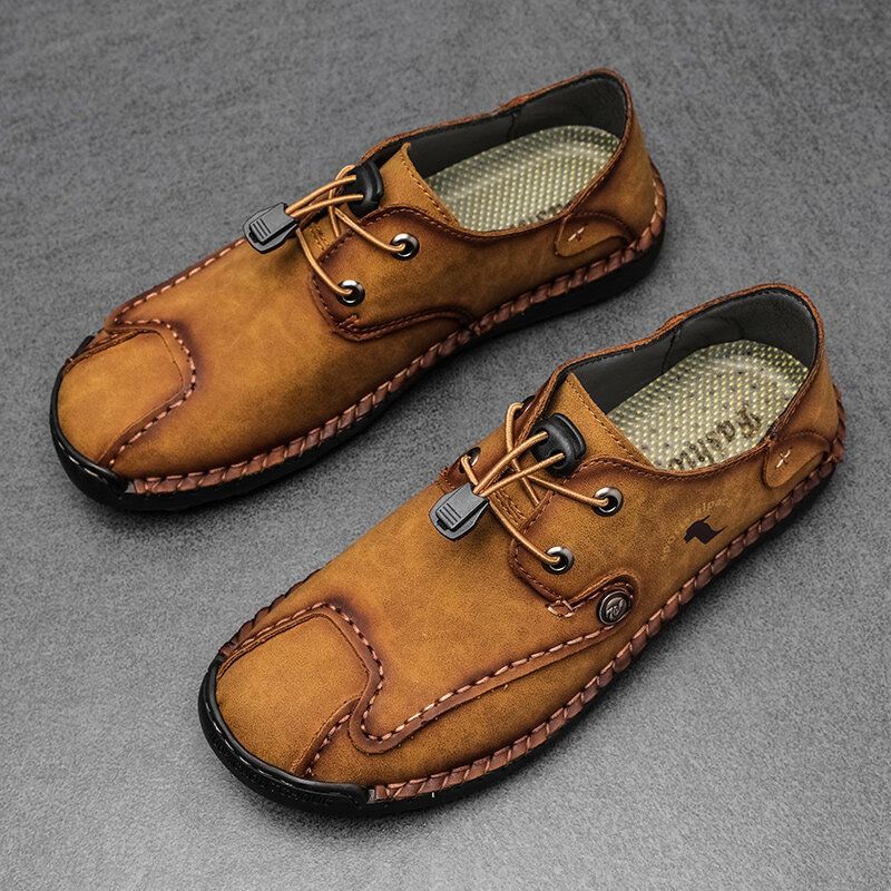 Hommes Microfibre Cuir Respirant Couture À La Main Semelle Souple Lacets Élastiques Chaussures Décontractées