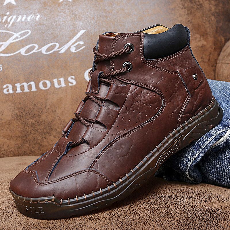 Hommes Microfibre Cuir Respirant Couture À La Main Semelle Souple Rétro Bref Solide Chaussures Décontractées