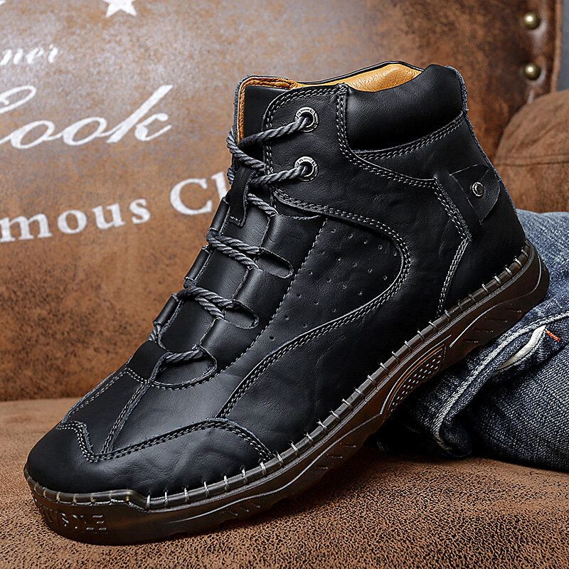 Hommes Microfibre Cuir Respirant Couture À La Main Semelle Souple Rétro Bref Solide Chaussures Décontractées