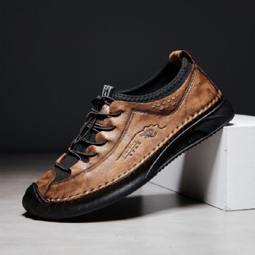 Hommes Microfibre Respirant Couture À La Main Semelle Souple Lacets Élastiques Chaussures En Cuir Décontractées