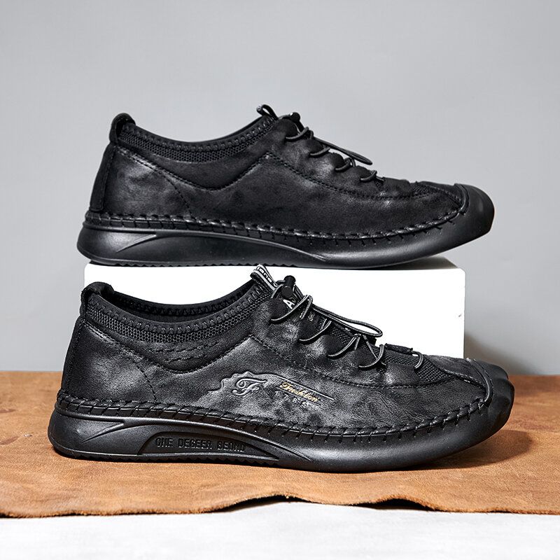 Hommes Microfibre Respirant Couture À La Main Semelle Souple Lacets Élastiques Chaussures En Cuir Décontractées