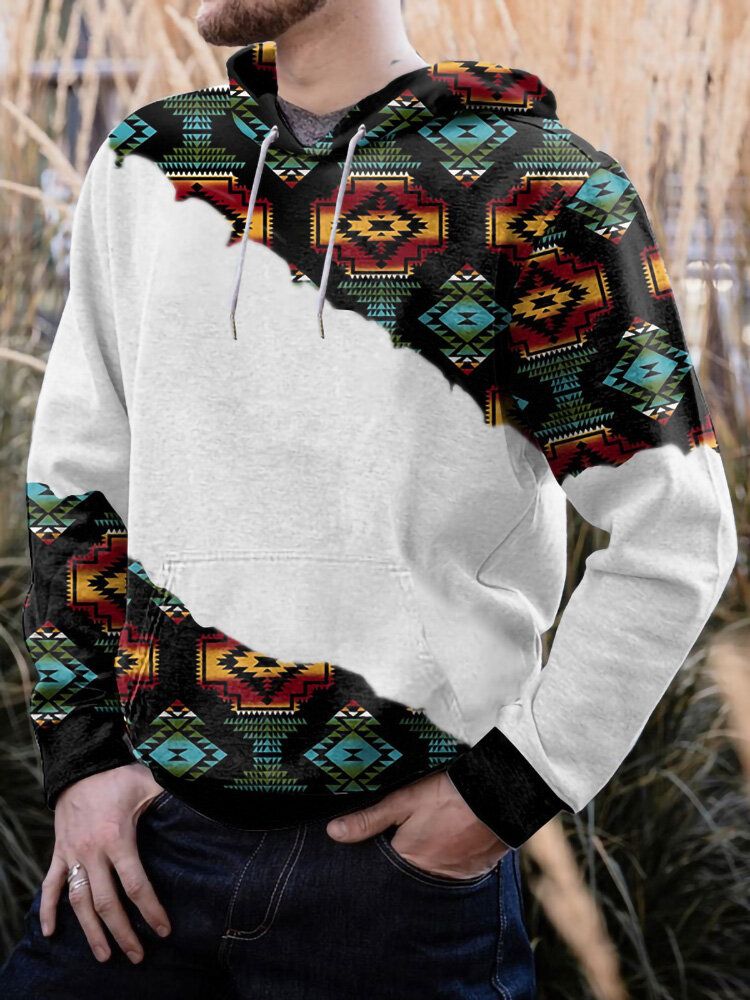 Hommes Motif Géométrique Patchwork Poche Kangourou Loisirs Sweat À Capuche