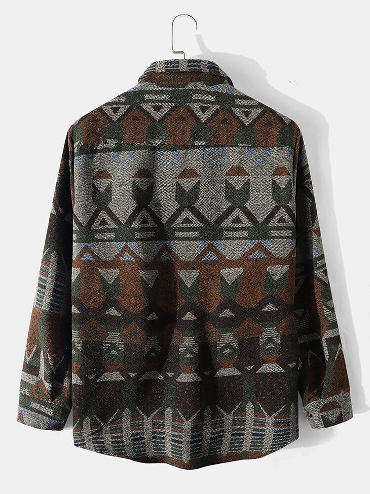 Hommes Motif Tribal Poches Latérales Boutons Avant Revers Vestes Épaisses