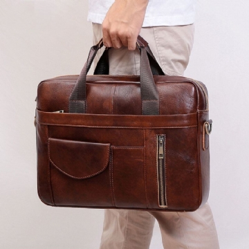 Hommes Multifonction En Cuir Véritable 15.6 Pouces Sacoche Pour Ordinateur Portable Porte-documents Rétro Multi-poches Sac À Bandoulière Sac À Bandoulière