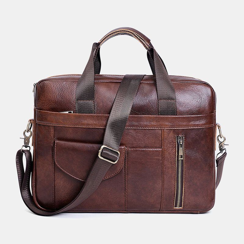 Hommes Multifonction En Cuir Véritable 15.6 Pouces Sacoche Pour Ordinateur Portable Porte-documents Rétro Multi-poches Sac À Bandoulière Sac À Bandoulière