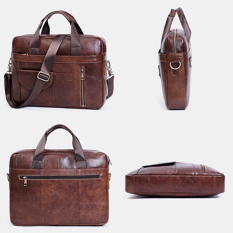 Hommes Multifonction En Cuir Véritable 15.6 Pouces Sacoche Pour Ordinateur Portable Porte-documents Rétro Multi-poches Sac À Bandoulière Sac À Bandoulière