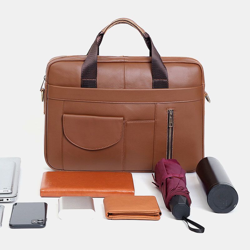 Hommes Multifonction En Cuir Véritable 15.6 Pouces Sacoche Pour Ordinateur Portable Porte-documents Rétro Multi-poches Sac À Bandoulière Sac À Bandoulière