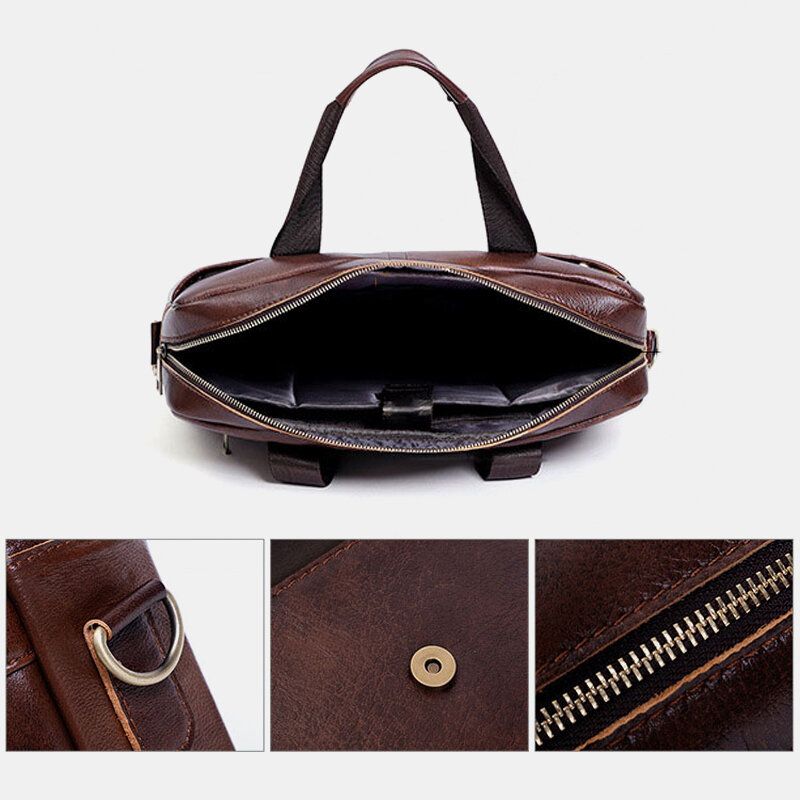 Hommes Multifonction En Cuir Véritable 15.6 Pouces Sacoche Pour Ordinateur Portable Porte-documents Rétro Multi-poches Sac À Bandoulière Sac À Bandoulière