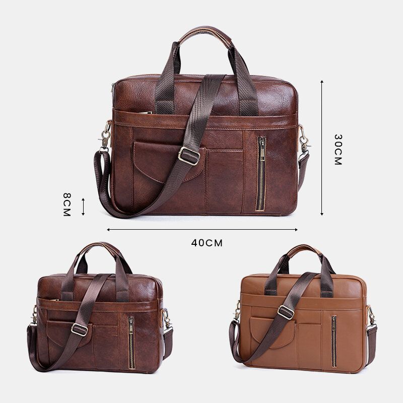 Hommes Multifonction En Cuir Véritable 15.6 Pouces Sacoche Pour Ordinateur Portable Porte-documents Rétro Multi-poches Sac À Bandoulière Sac À Bandoulière