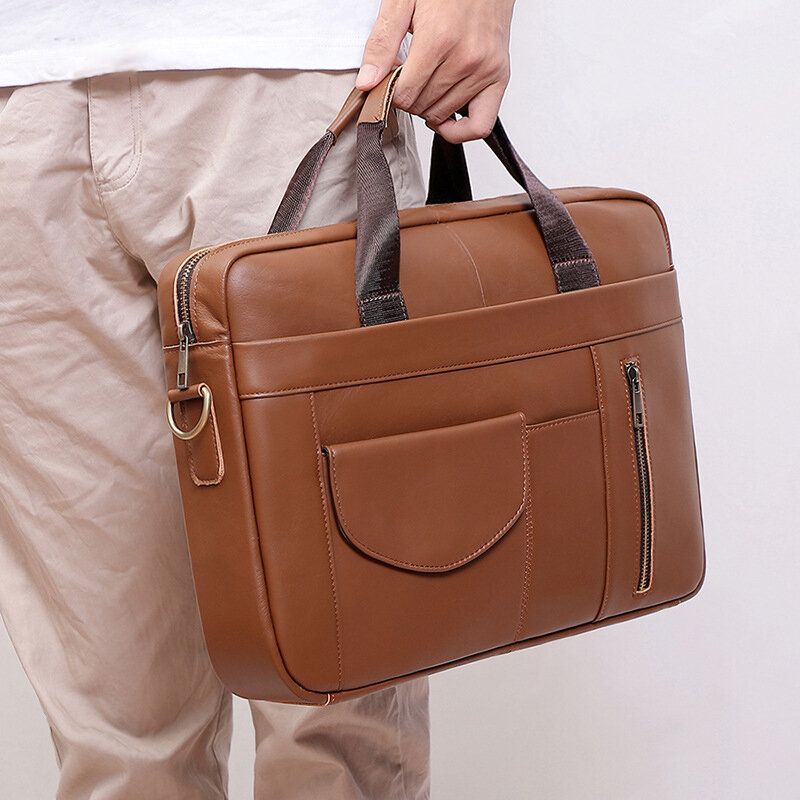 Hommes Multifonction En Cuir Véritable 15.6 Pouces Sacoche Pour Ordinateur Portable Porte-documents Rétro Multi-poches Sac À Bandoulière Sac À Bandoulière