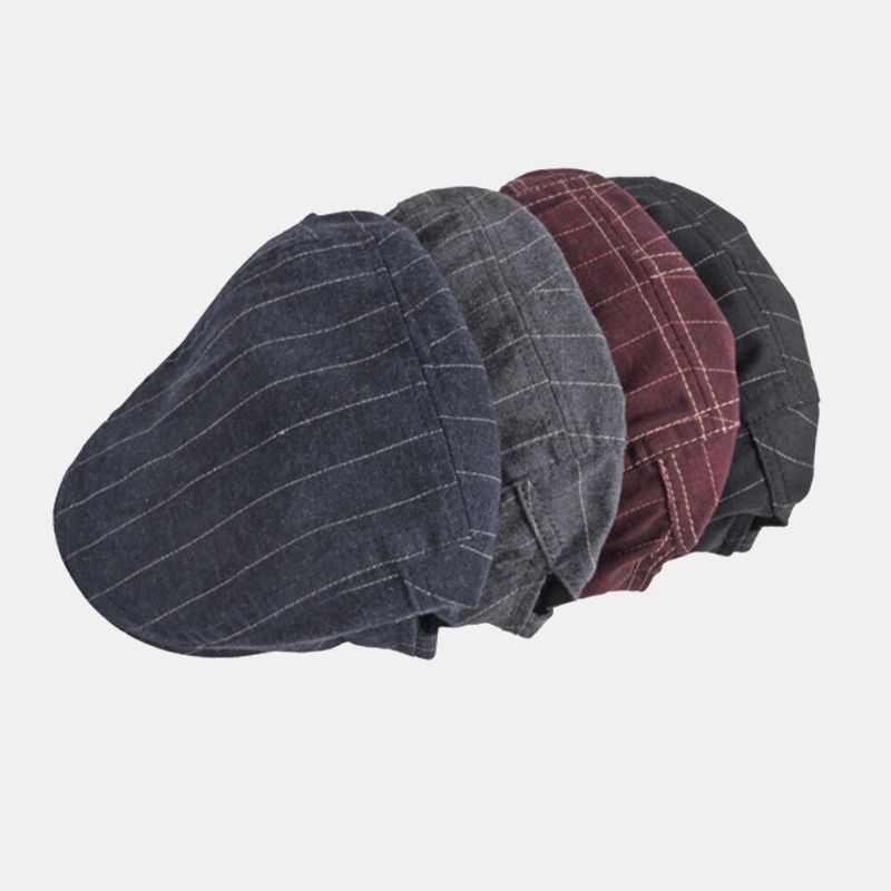 Hommes Newsboy Hat Cotton Vintage Striped Thin Breathable British Beret Flat Cap