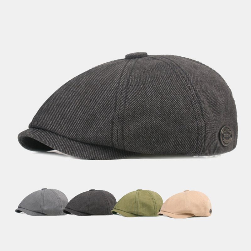 Hommes Newsboy Hat Washed Distressed Cotton Solid Letters Metal Round Label Sunshade Casual Painter Hat Octogonal Beret Flat Cap