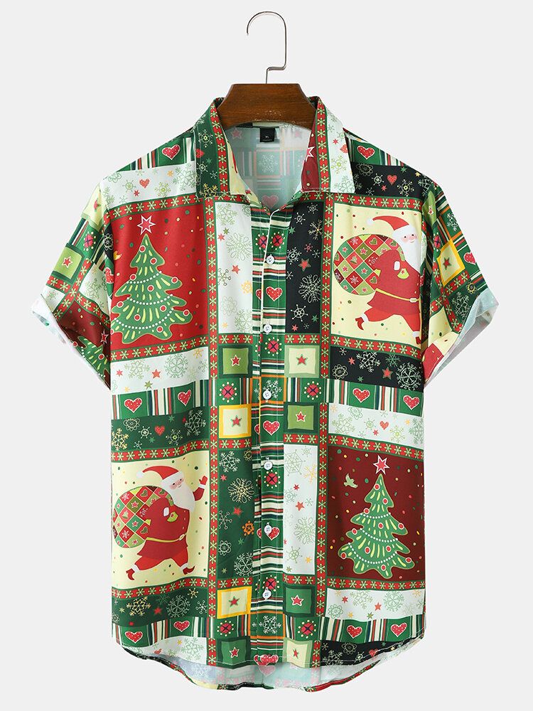 Hommes Noël Ethnic Contrast Santa Pattern Button Chemises Décontractées À Manches Courtes