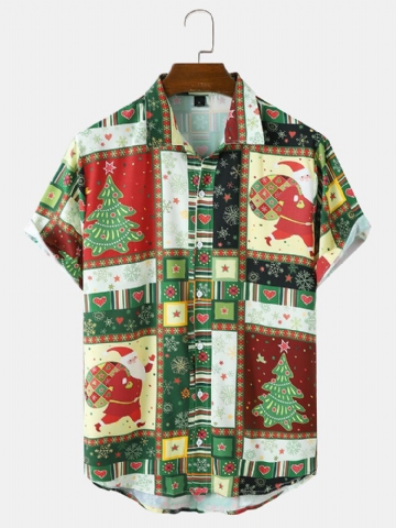 Hommes Noël Ethnic Contrast Santa Pattern Button Chemises Décontractées À Manches Courtes