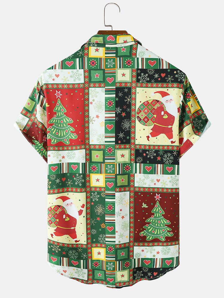 Hommes Noël Ethnic Contrast Santa Pattern Button Chemises Décontractées À Manches Courtes