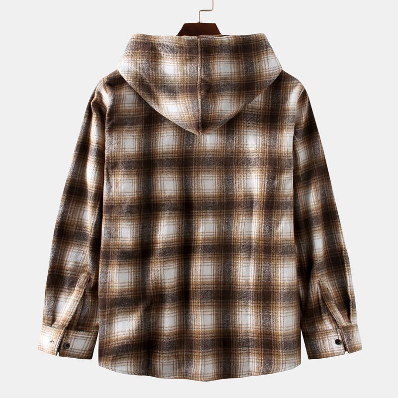 Hommes Nouvelle Mode Plaid Impression Ponçage Lâche À Capuche À Manches Longues Chemises Manteaux