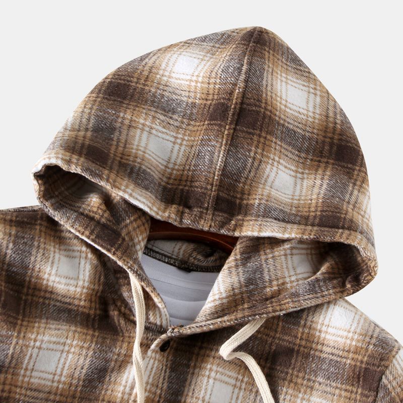 Hommes Nouvelle Mode Plaid Impression Ponçage Lâche À Capuche À Manches Longues Chemises Manteaux