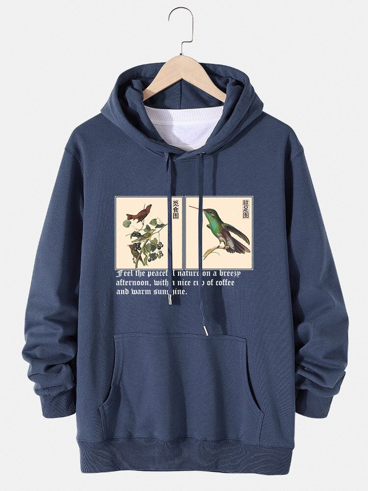 Hommes Oiseau Peinture Chinoise Texte Imprimé Coton Sweats À Capuche