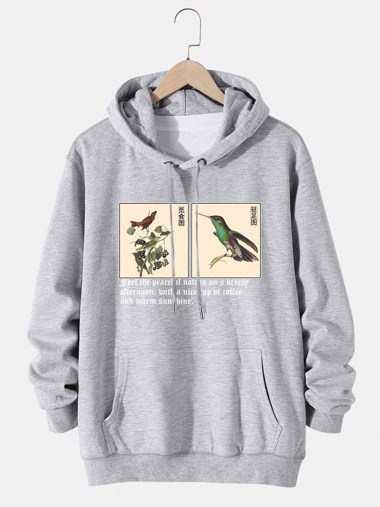 Hommes Oiseau Peinture Chinoise Texte Imprimé Coton Sweats À Capuche