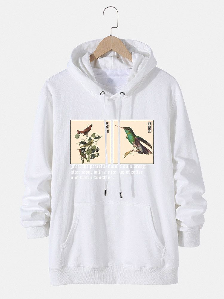 Hommes Oiseau Peinture Chinoise Texte Imprimé Coton Sweats À Capuche