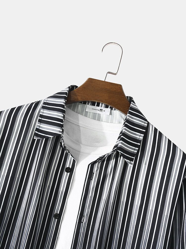 Hommes Ombre Pinstriped Patchwork Revers Col Manches Longues Chemises Décontractées