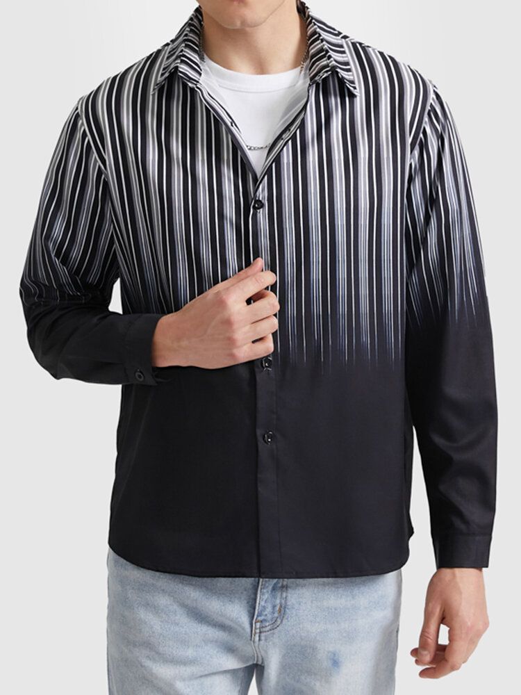 Hommes Ombre Pinstriped Patchwork Revers Col Manches Longues Chemises Décontractées